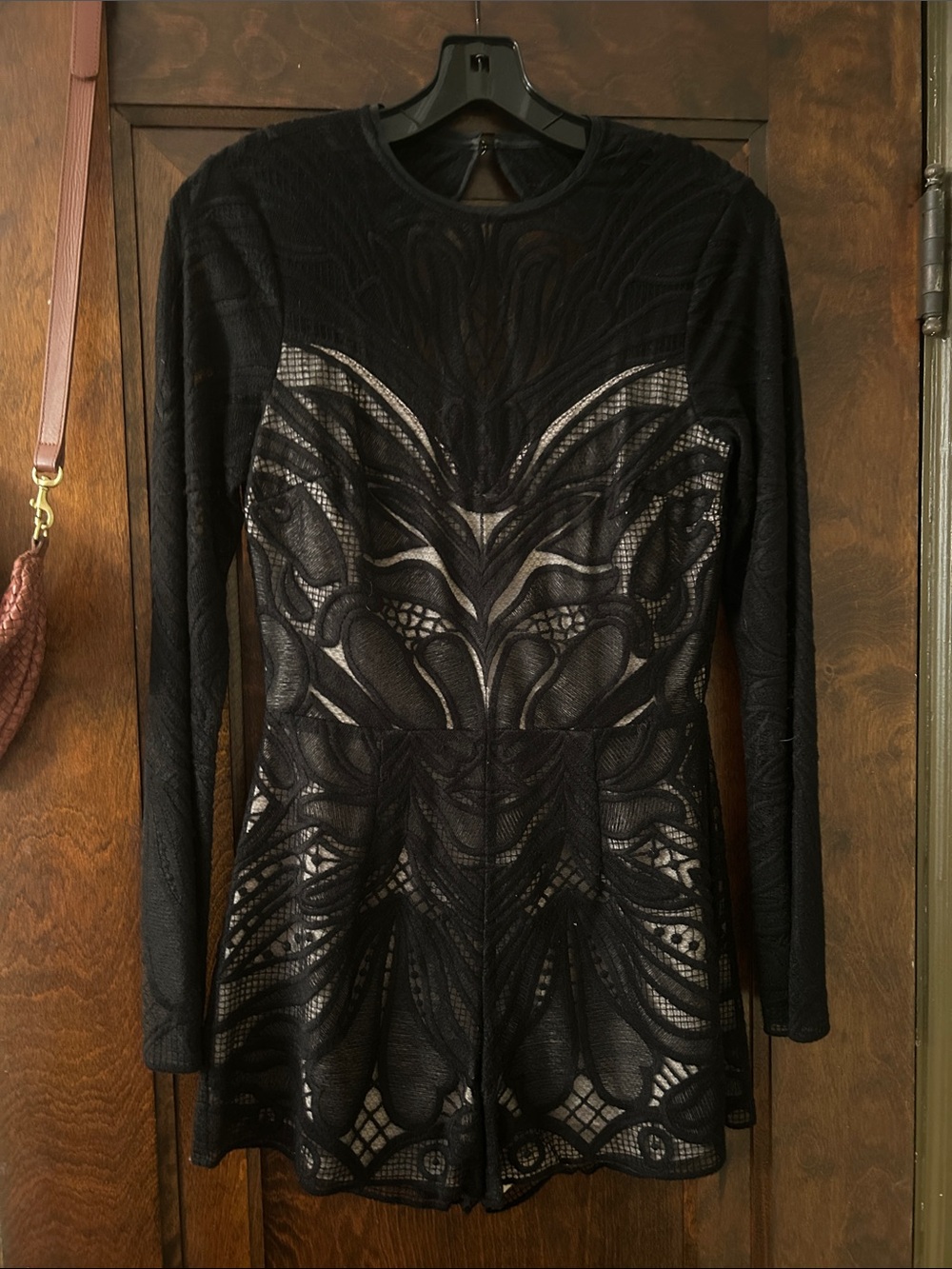 Black Lace-Overlay Long-Sleeve Romper